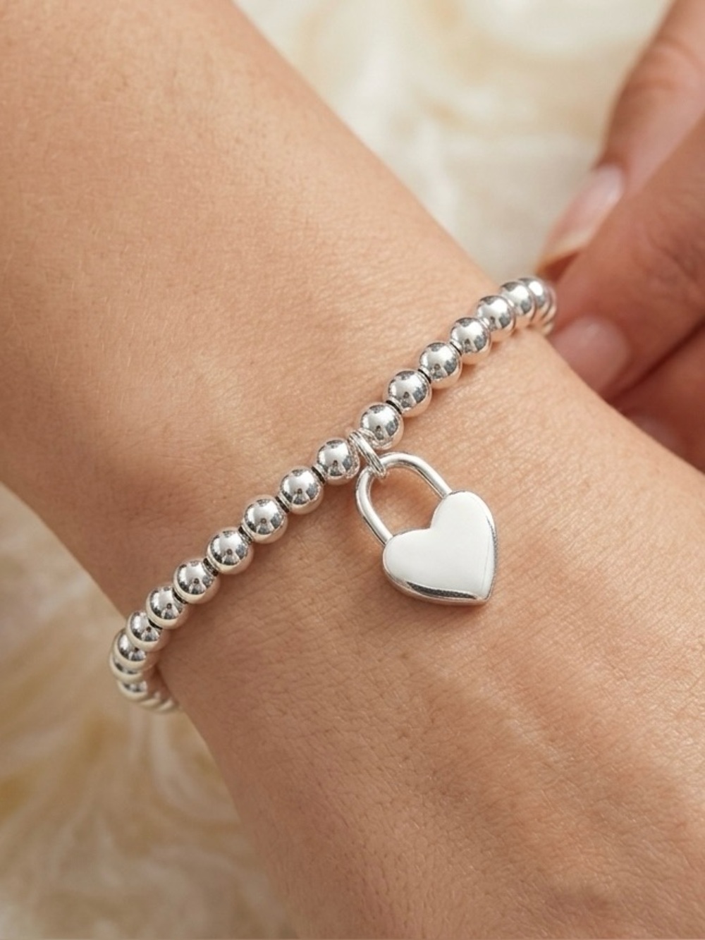 Silver Heart Padlock Beaded Bracelet